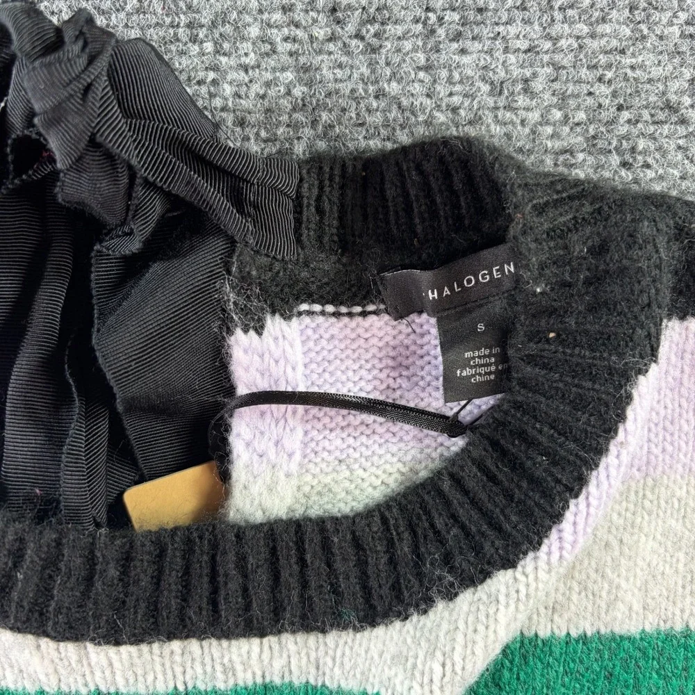 Halogen Striped Crewneck Sweater Womens Small Multicolor Back Ribbon Tie Preppy
